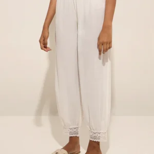 White Crochet-Detailed Harem-Style Cotton Pant
