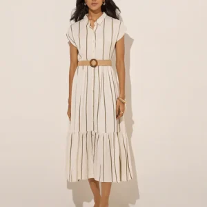 Off-White Striped Linen-Blend Tiered Shirt Dress with Belt