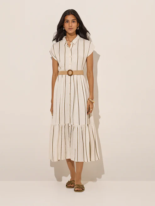 Off-White Striped Linen-Blend Tiered Shirt Dress with Belt