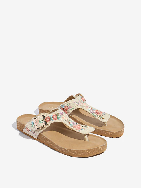 Ivory Floral Embroidered Thong-Strap Sandals