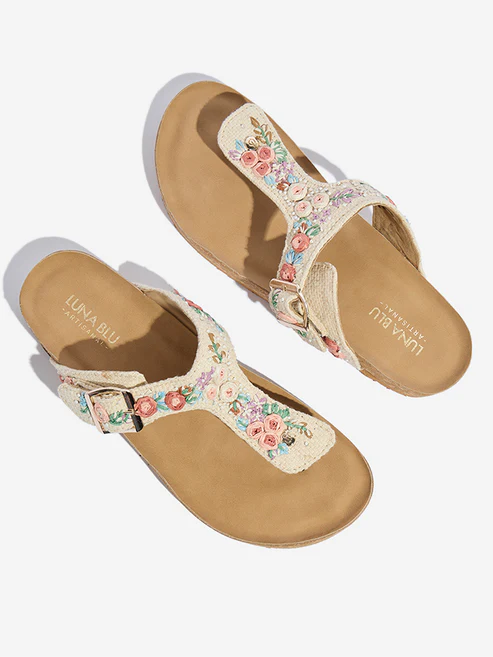 Ivory Floral Embroidered Thong-Strap Sandals - Image 2