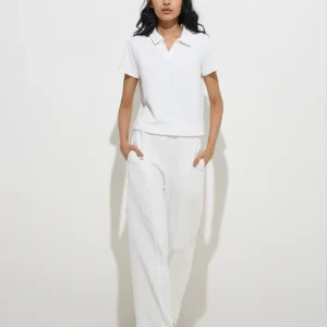 White Ribbed Cotton-Blend Polo T-Shirt