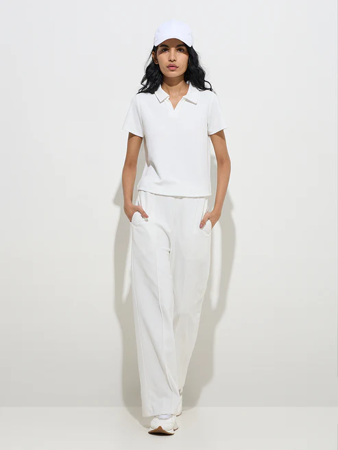 White Ribbed Cotton-Blend Polo T-Shirt