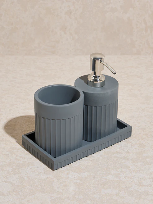 Grey Ribbed-Textured Bathroom Accessory Set - Image 3
