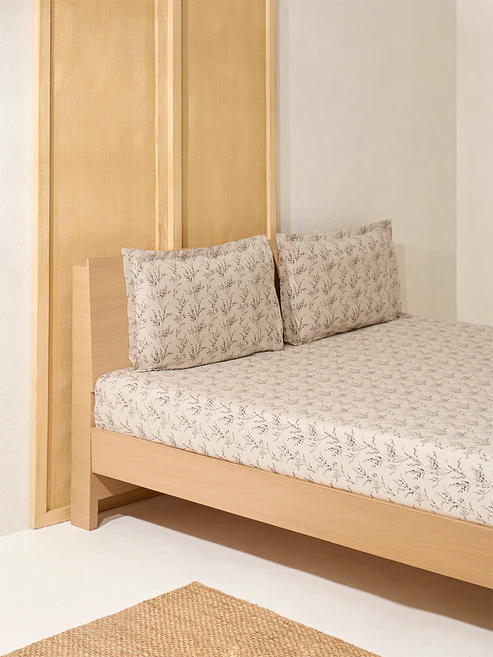 Beige Botanical Design King Bed Sheet Set