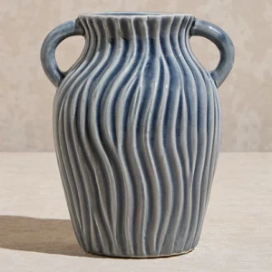 Home Grey Ribbed-Textured Vase with Twin Handle