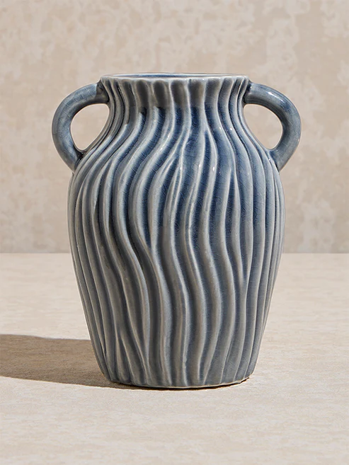 Home Grey Ribbed-Textured Vase with Twin Handle