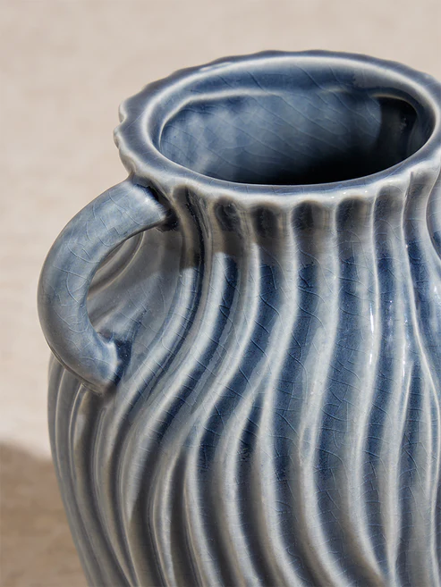 Home Grey Ribbed-Textured Vase with Twin Handle - Image 3