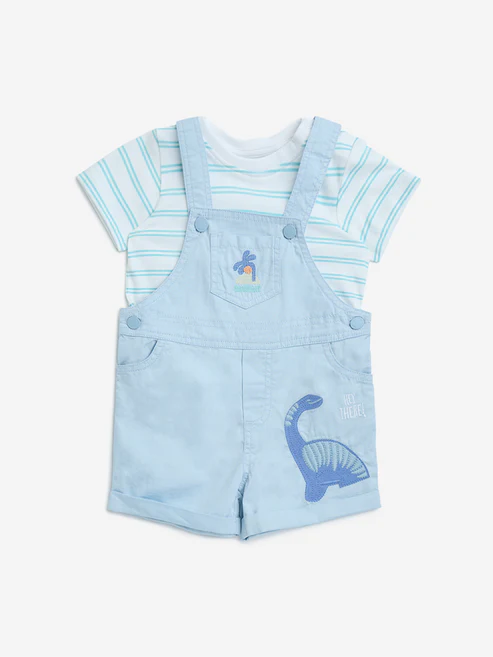 HOP Baby Teal Animal Design Cotton Dungaree and T-Shirt Set