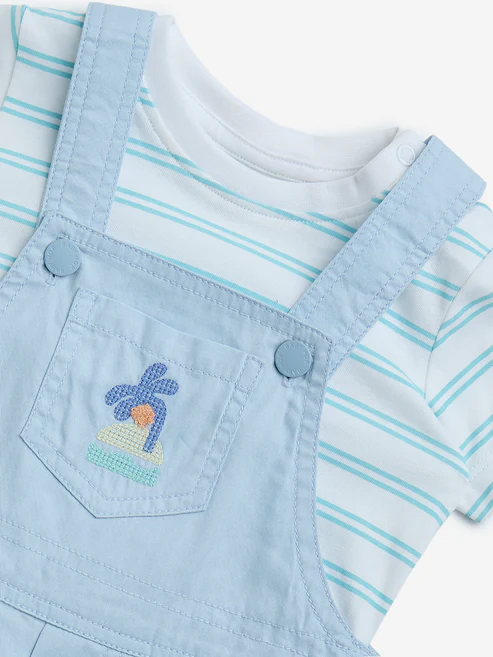 HOP Baby Teal Animal Design Cotton Dungaree and T-Shirt Set - Image 3