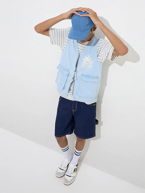 Y&F Kids Blue Text-Printed Denim Jacket