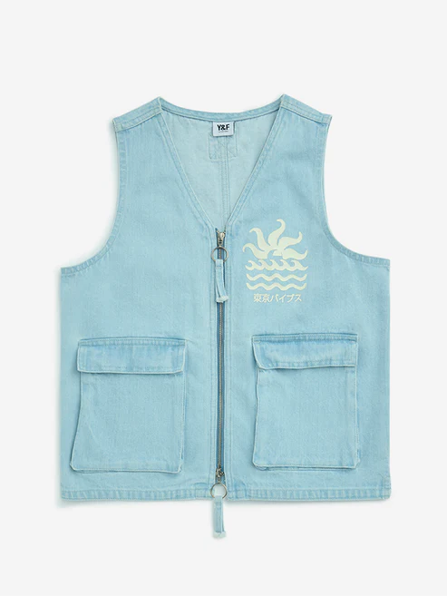 Y&F Kids Blue Text-Printed Denim Jacket - Image 3