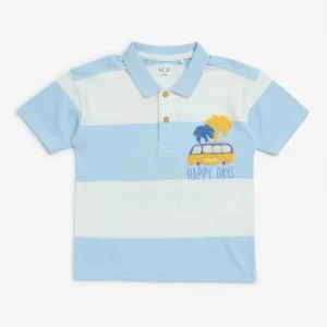 HOP Kids Light Blue Striped Cotton Polo T-Shirt