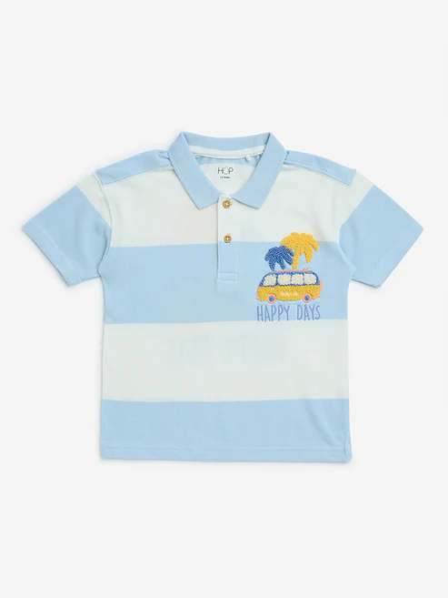 HOP Kids Light Blue Striped Cotton Polo T-Shirt