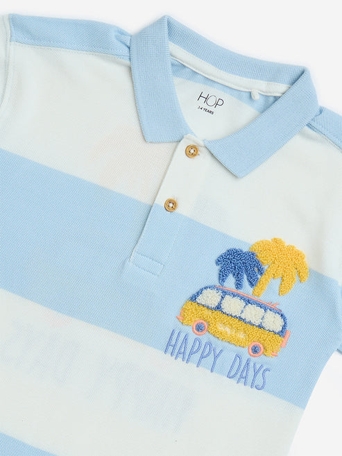 HOP Kids Light Blue Striped Cotton Polo T-Shirt - Image 2