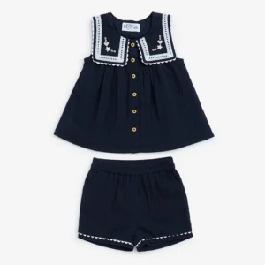 HOP Baby Navy Seersucker Textured Cotton Top and Shorts Set