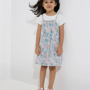 Kids Multicolour Floral Cotton Pinafore and T-Shirt Set