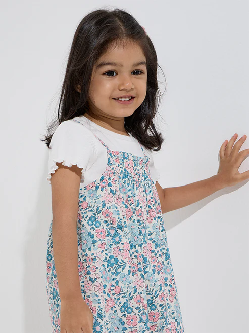Kids Multicolour Floral Cotton Pinafore and T-Shirt Set - Image 2
