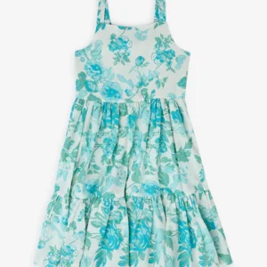 Utsa Kids Aqua Floral Pattern Cotton-Blend Tiered Dress - (8-14yrs)