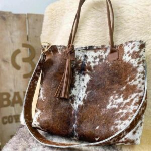 Beige & White Cowhide Leather Handbag